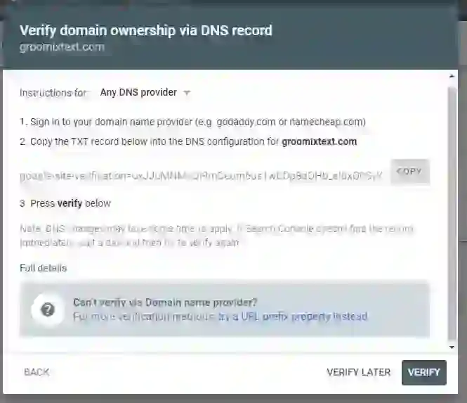 get TXT record from google search console of Steps to update of "TXT record" in HOSTGATOR server to "Verify domain ownership via DNS" record for new Google Search Console